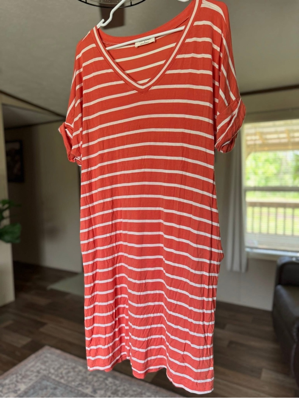 Zenana Outfitters Coral & White V-Neck Midi Dress